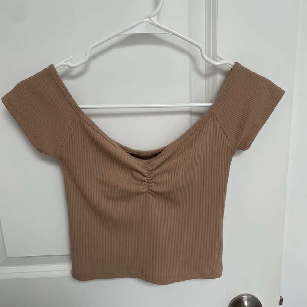 American Eagle Outfitters Taupe Ribbed Off-Shoulder Crop Top